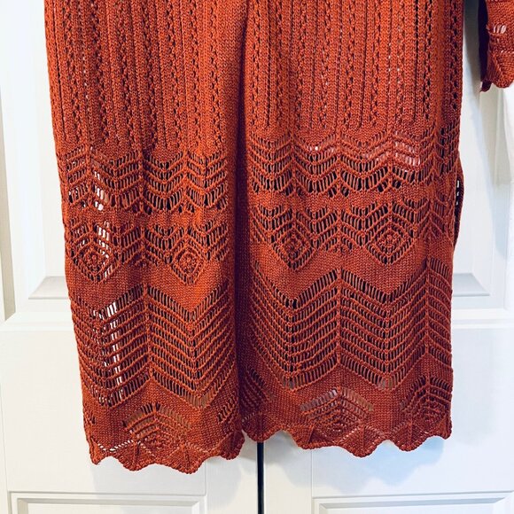 Hippie Rose Pointelle Open Front Cardigan Sweater in Rust/Barn Red (M) New w/tag - Picture 5 of 11